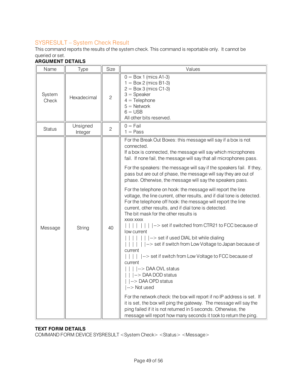 Sysresult – system check result | ClearOne Interact Serial Command Guide User Manual | Page 54 / 61