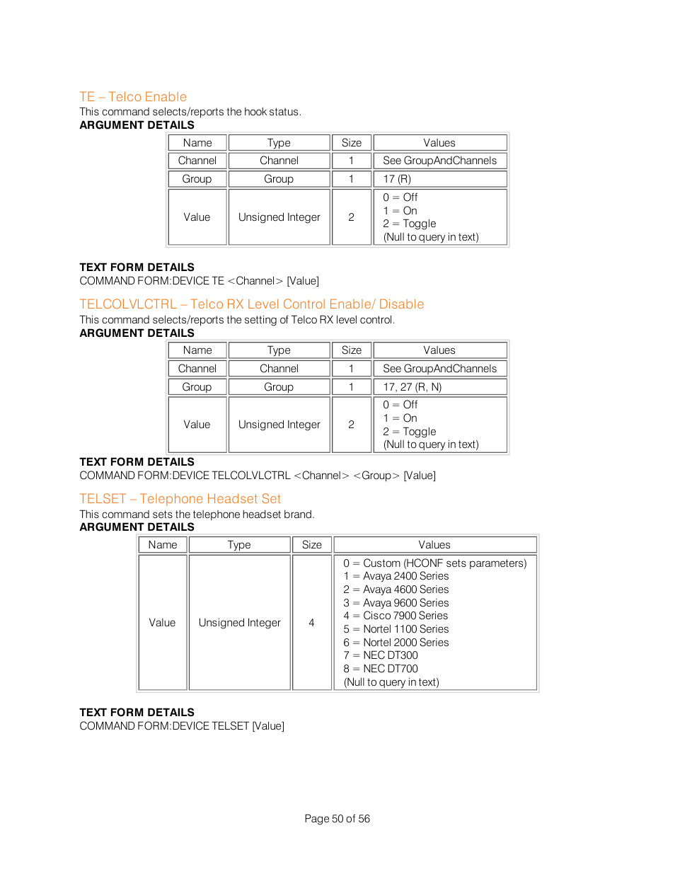 Te – telco enable, Telset – telephone headset set | ClearOne Interact Serial Command Guide User Manual | Page 55 / 61