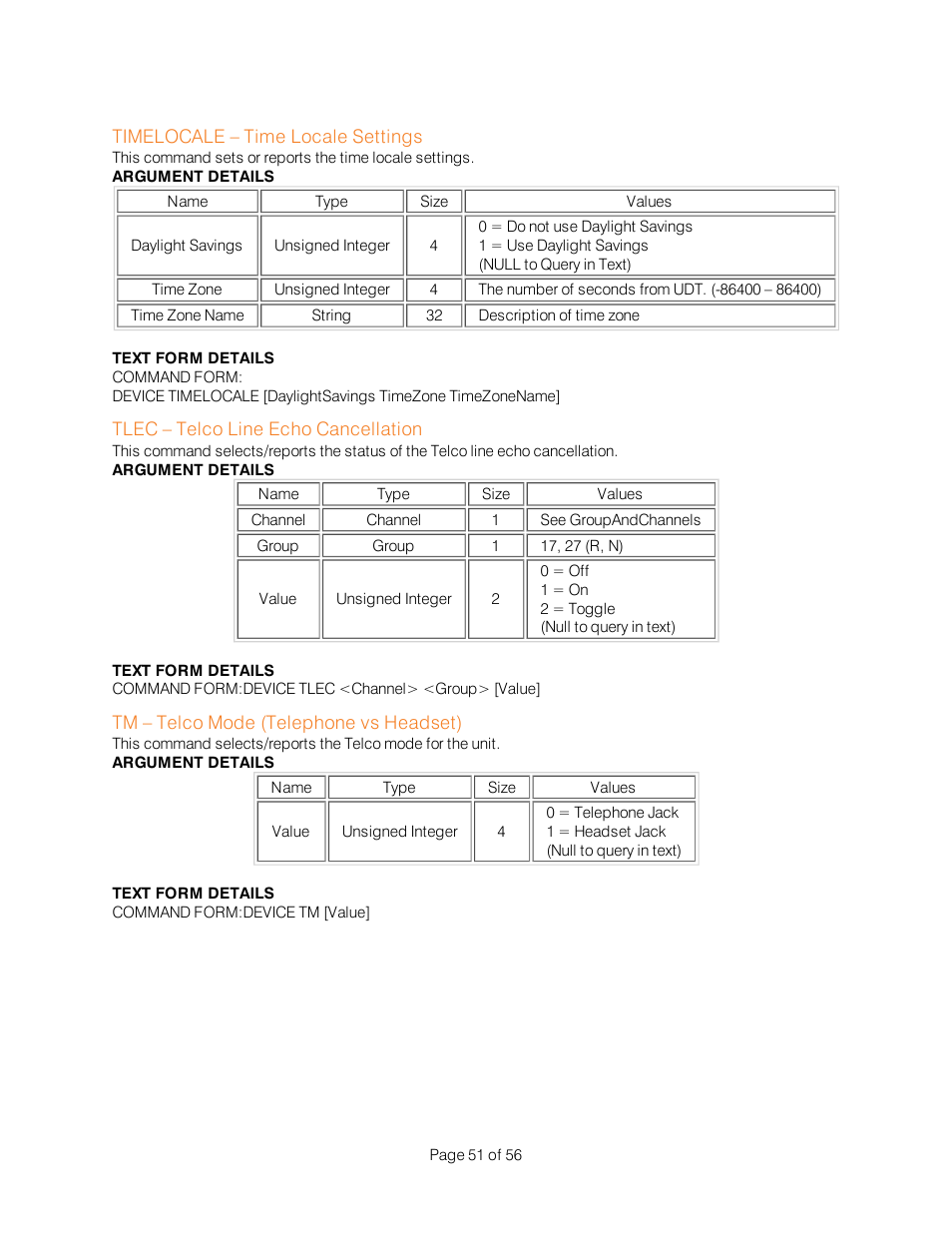 Timelocale – time locale settings, Tlec – telco line echo cancellation, Tm – telco mode | Tm – telco mode (telephone vs headset) | ClearOne Interact Serial Command Guide User Manual | Page 56 / 61