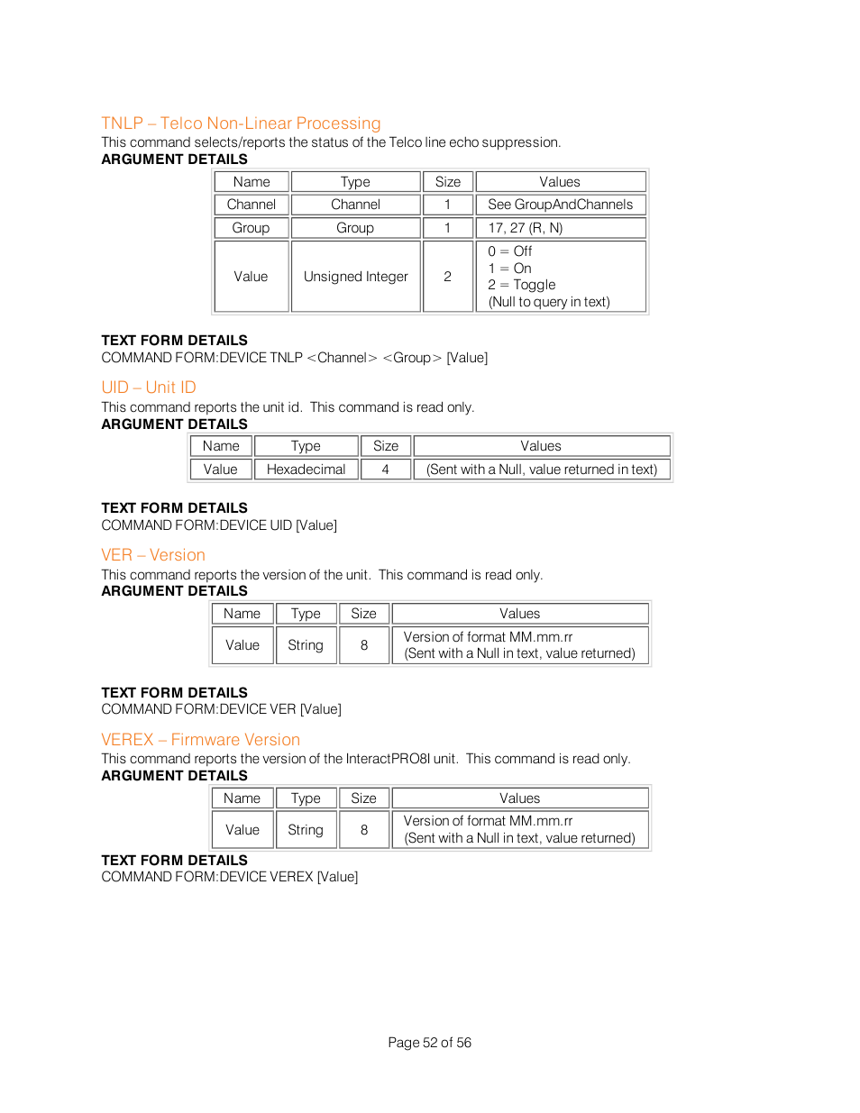 Tnlp – telco non-linear processing, Uid – unit id, Ver – version | Verex – firmware version | ClearOne Interact Serial Command Guide User Manual | Page 57 / 61