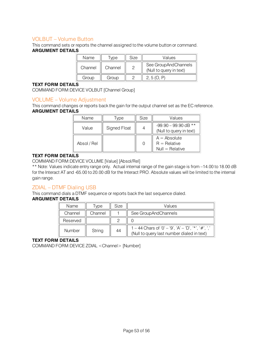 Volbut – volume button, Volume – volume adjustment, Zdial – dtmf dialing usb | ClearOne Interact Serial Command Guide User Manual | Page 58 / 61