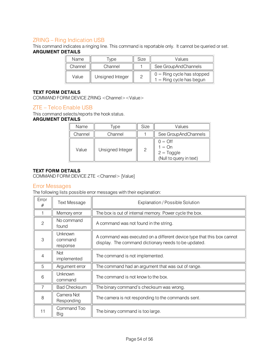 Zring – ring indication usb, Zte – telco enable usb, Error messages | ClearOne Interact Serial Command Guide User Manual | Page 59 / 61