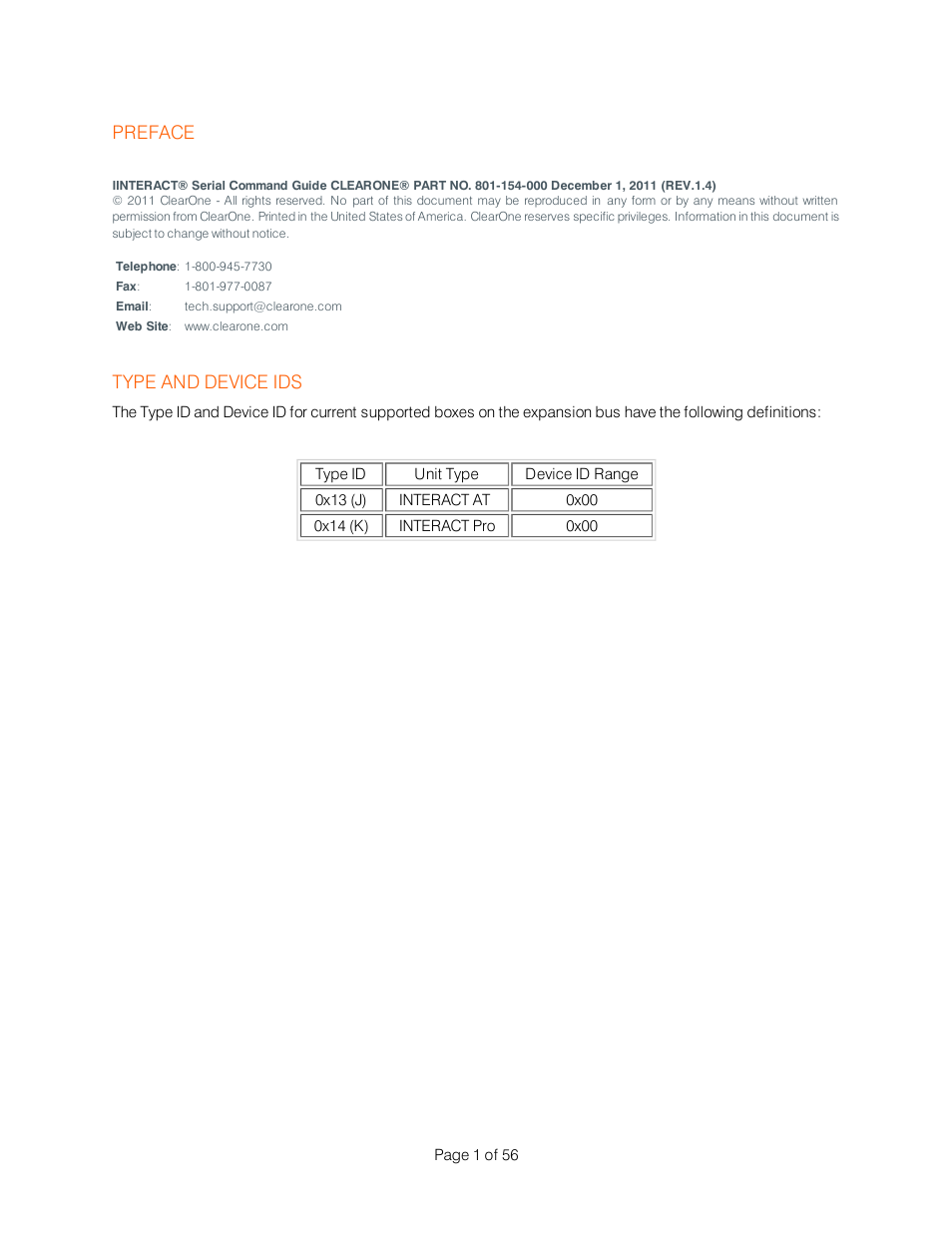 Preface, Type and device ids | ClearOne Interact Serial Command Guide User Manual | Page 6 / 61