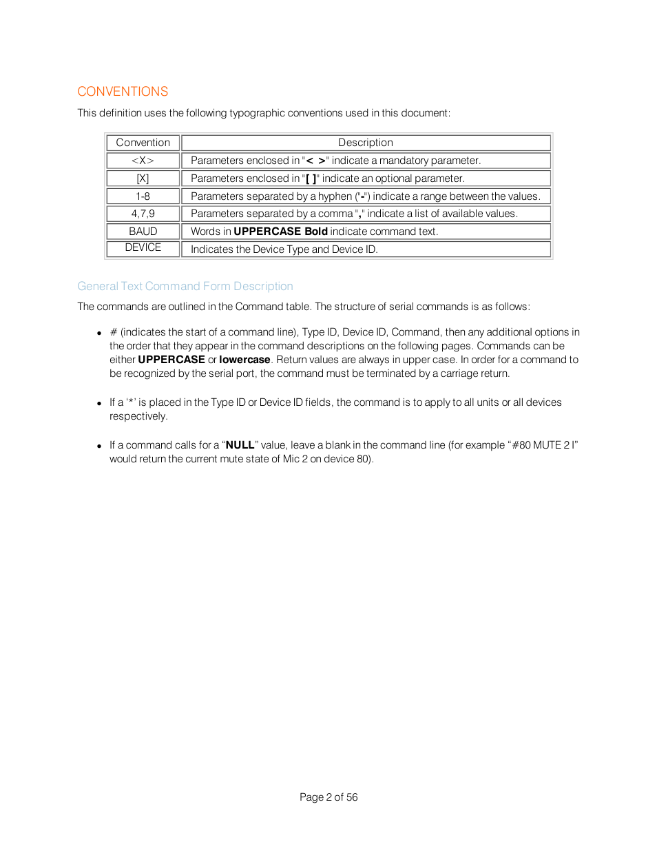 Conventions, General text command form description | ClearOne Interact Serial Command Guide User Manual | Page 7 / 61