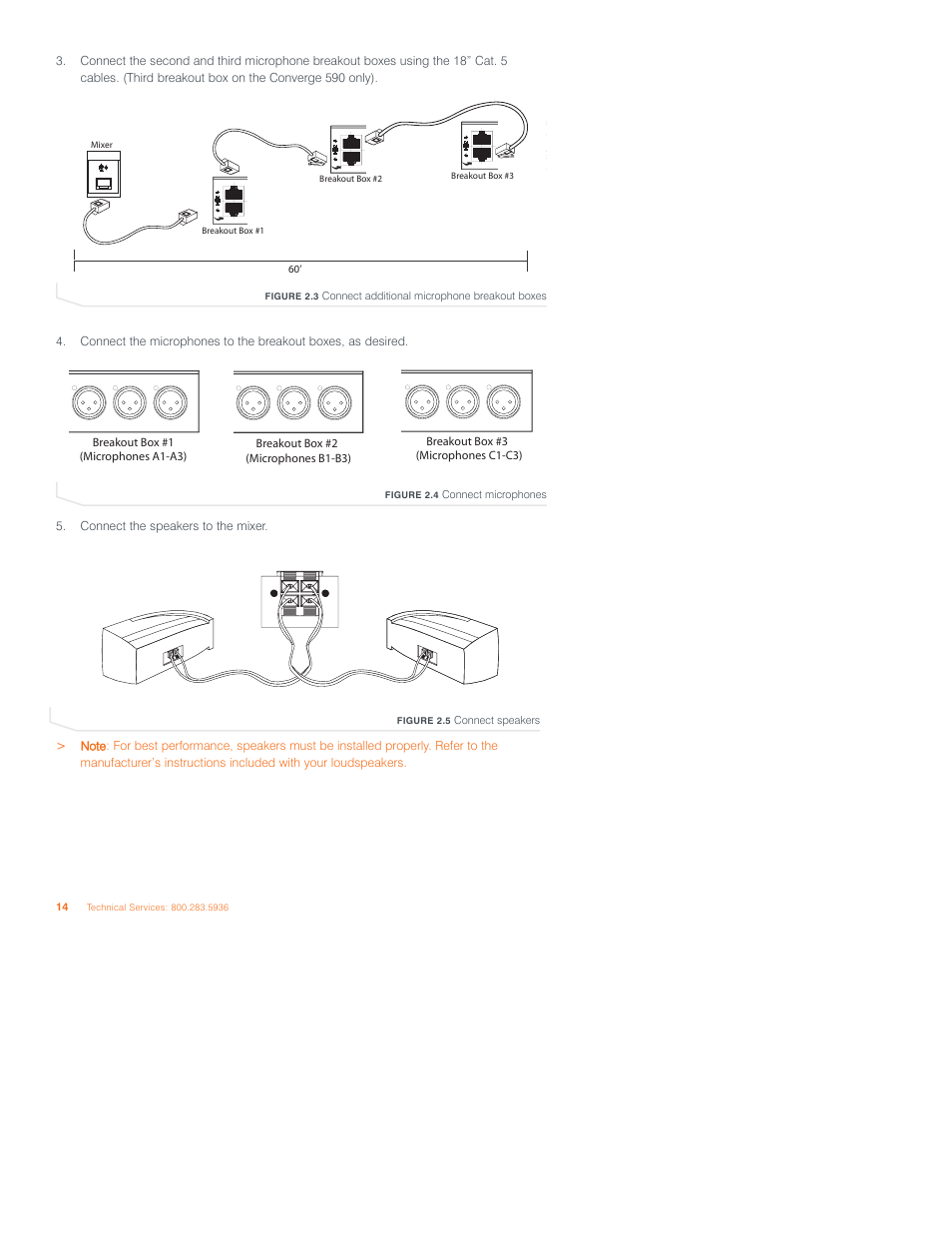 Connect additional microphone breakout boxes, Connect microphones, Connect speakers | ClearOne Converge 590 User Manual | Page 14 / 136