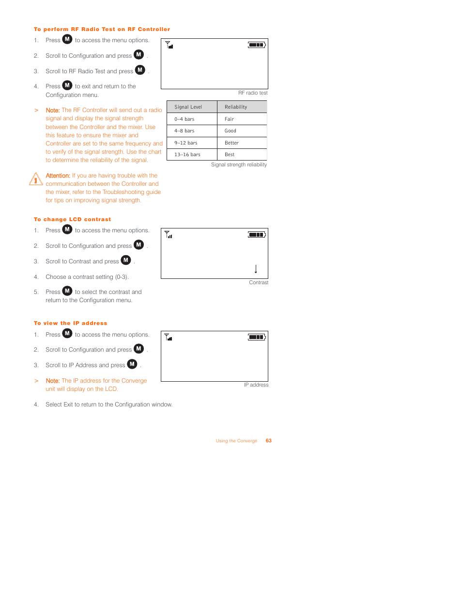 Rf radio test exit, Contrast 0 contrast 2 contrast 1 | ClearOne Converge 590 User Manual | Page 63 / 136