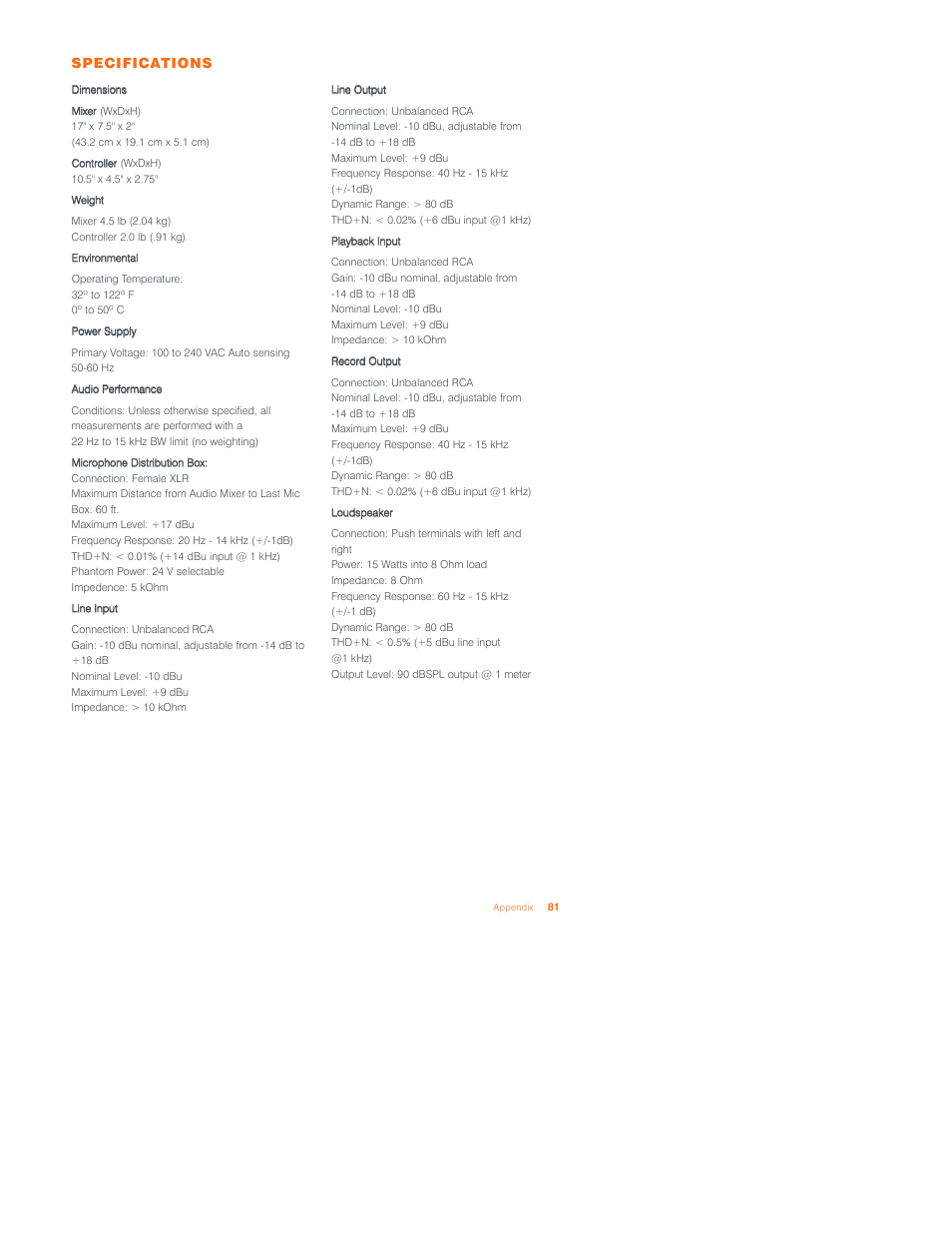 Specifications | ClearOne Converge 590 User Manual | Page 75 / 136