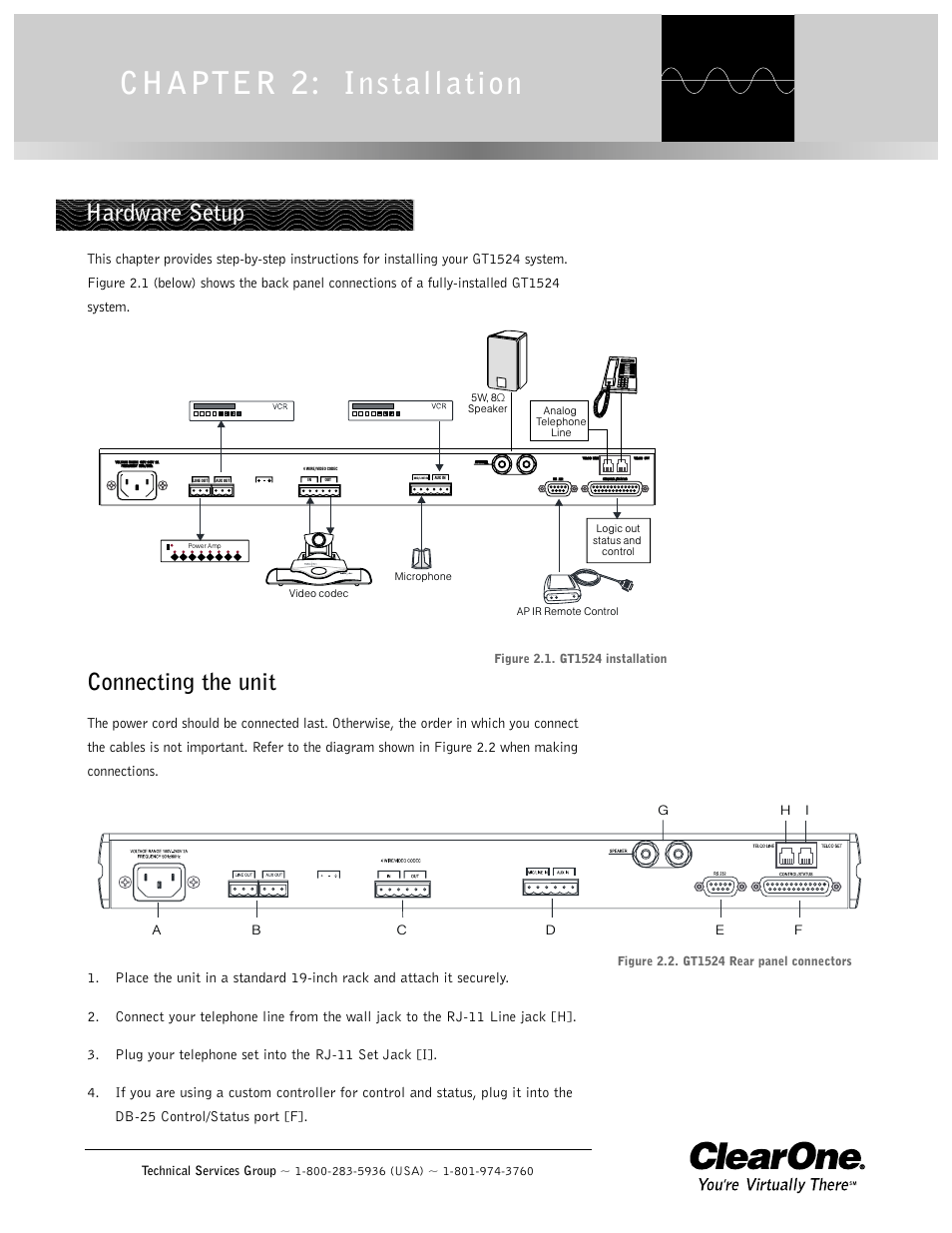 Chapter 2: installation, Connecting the unit, Hardware setup | ClearOne GT1524 User Manual | Page 11 / 42
