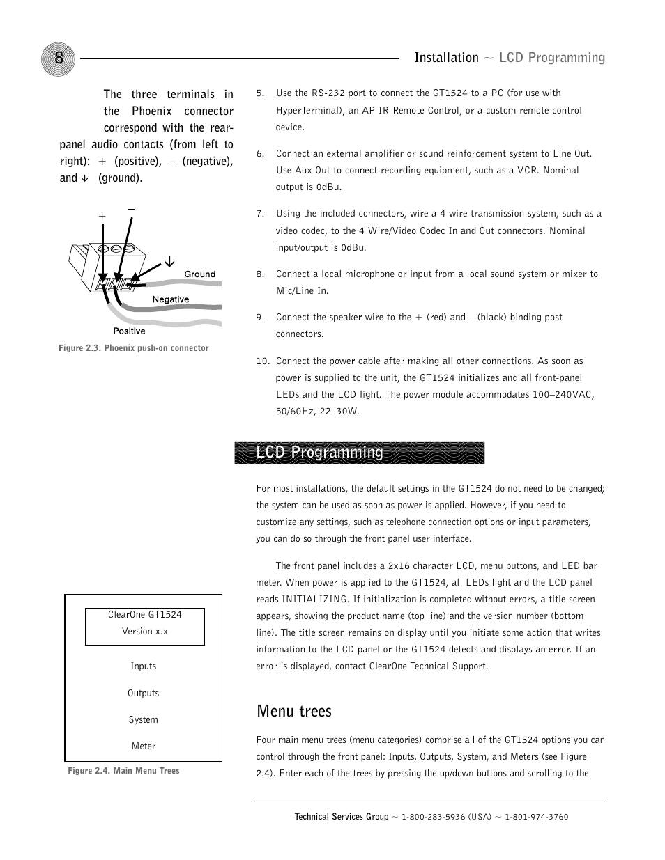 Menu trees, Lcd programming, Installation ~ lcd programming | ClearOne GT1524 User Manual | Page 12 / 42