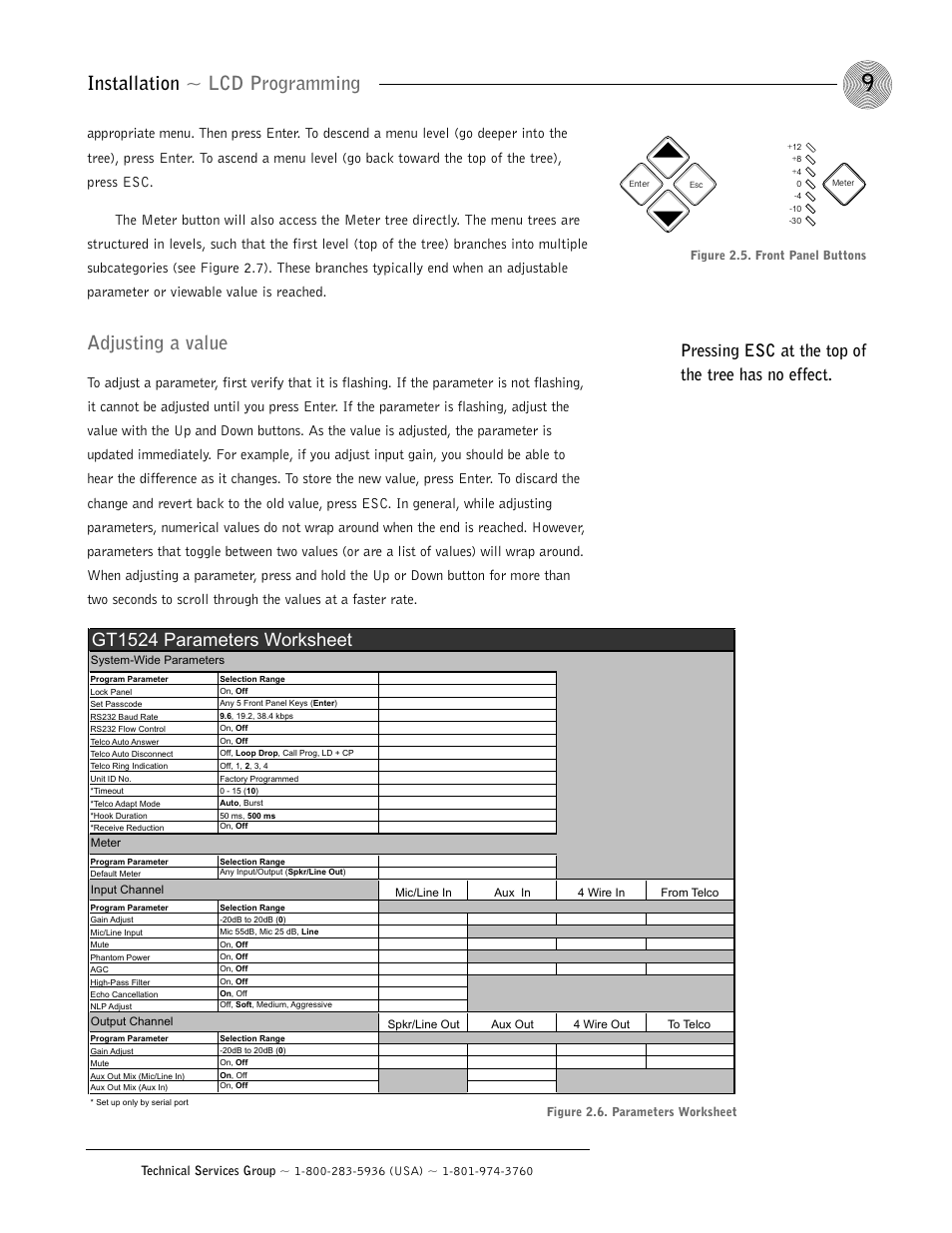 Installation ~ lcd programming, Adjusting a value, Gt1524 parameters worksheet | Pressing esc at the top of the tree has no effect | ClearOne GT1524 User Manual | Page 13 / 42