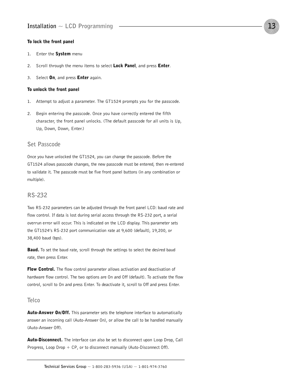 Installation ~ lcd programming, Set passcode, Rs-232 | Telco | ClearOne GT1524 User Manual | Page 17 / 42