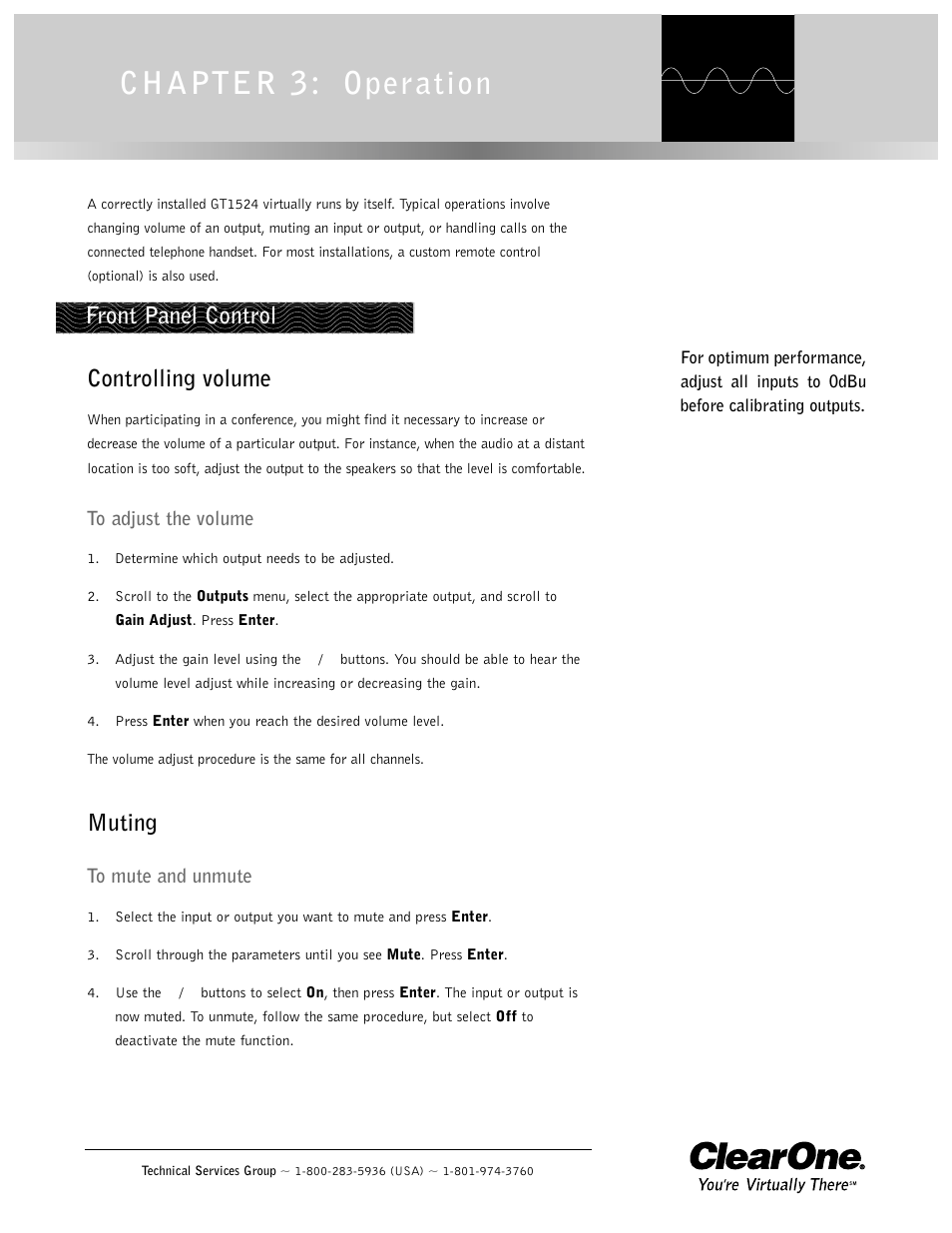 Chapter 3: operation, Controlling volume, Muting | Front panel control | ClearOne GT1524 User Manual | Page 19 / 42