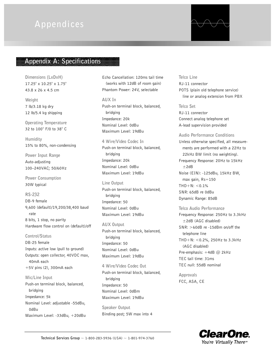 Appendices, Appendix a: specifications | ClearOne GT1524 User Manual | Page 23 / 42