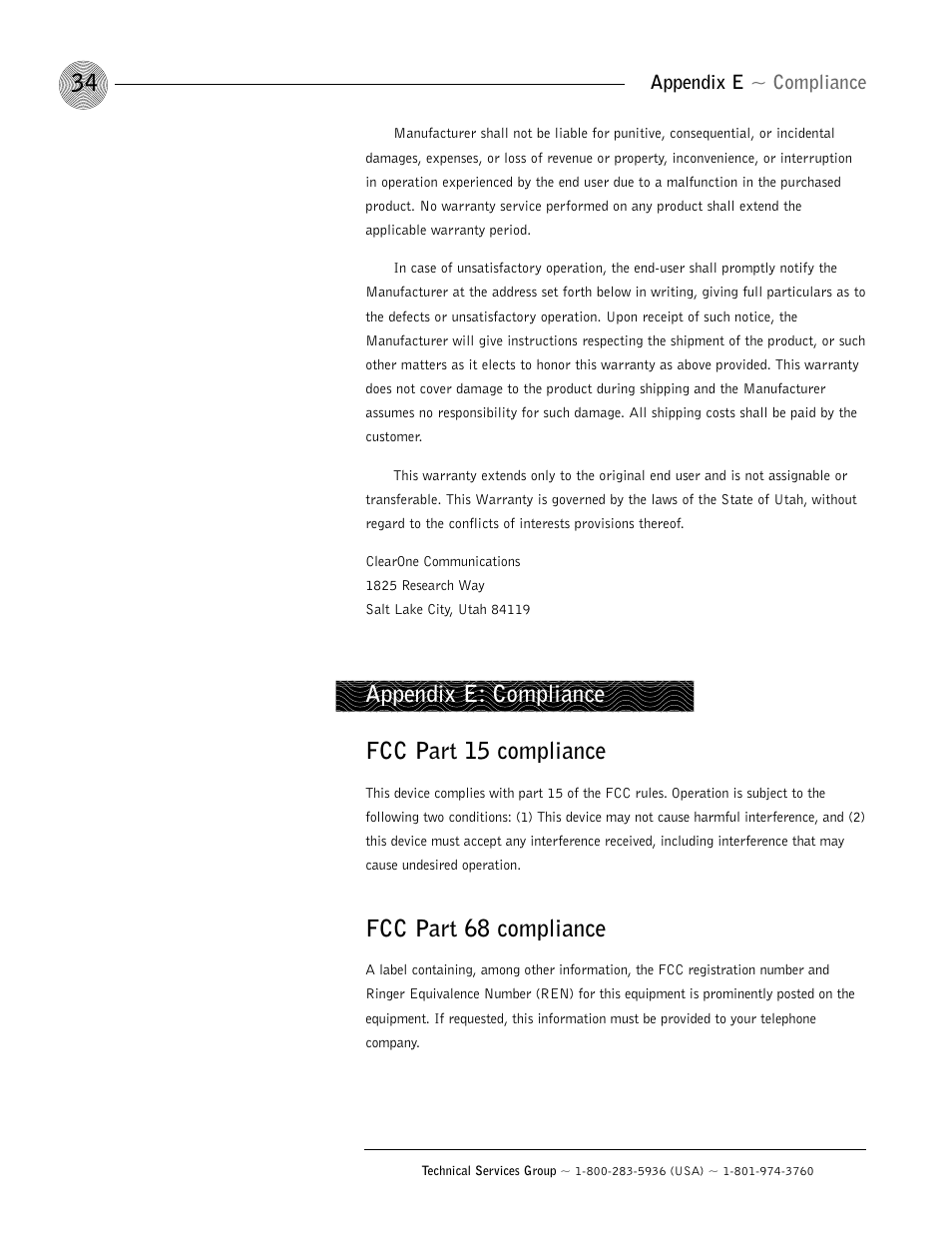 Fcc part 15 compliance, Fcc part 68 compliance, Appendix e: compliance | Appendix e ~ compliance | ClearOne GT1524 User Manual | Page 38 / 42