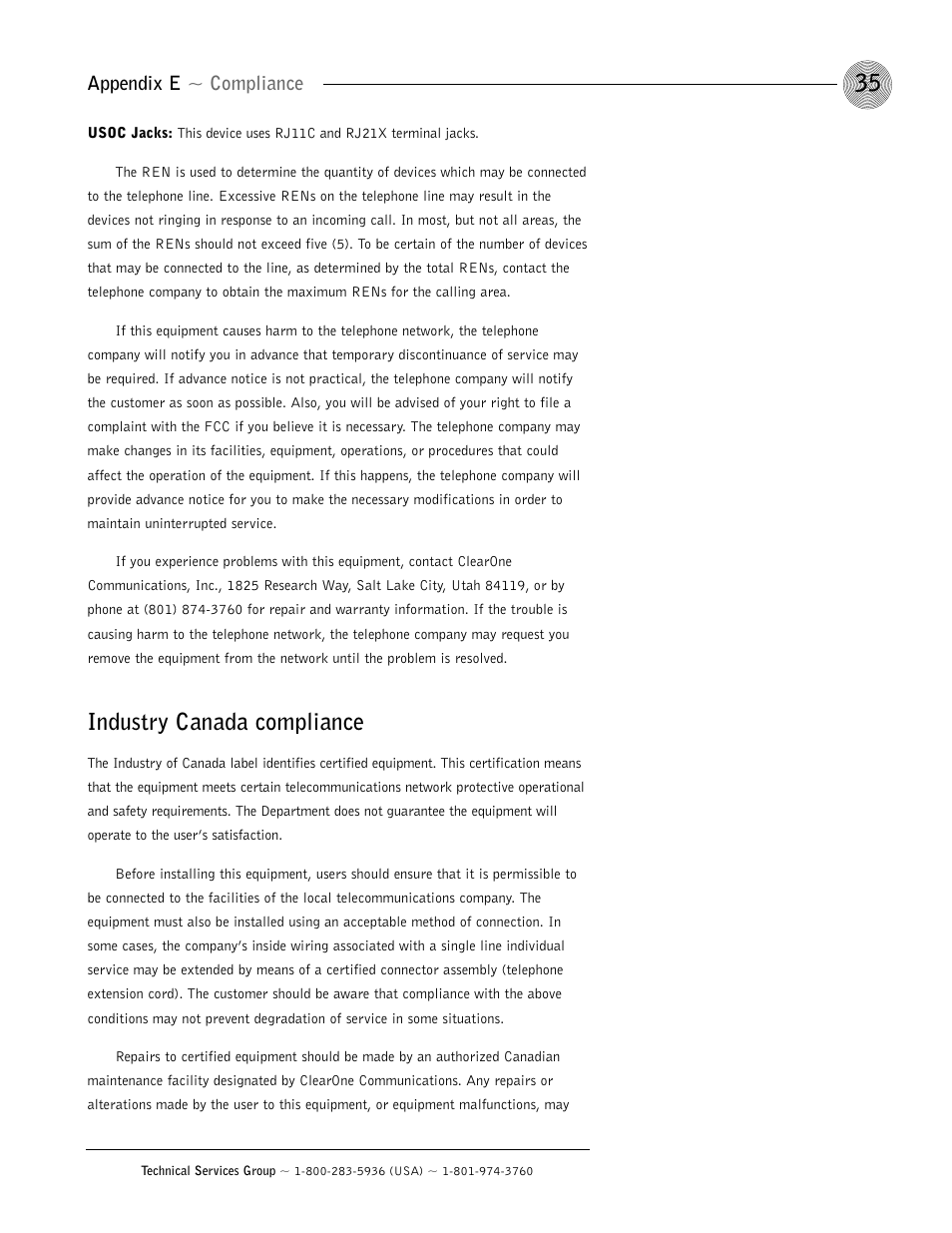 Industry canada compliance, Appendix e ~ compliance | ClearOne GT1524 User Manual | Page 39 / 42