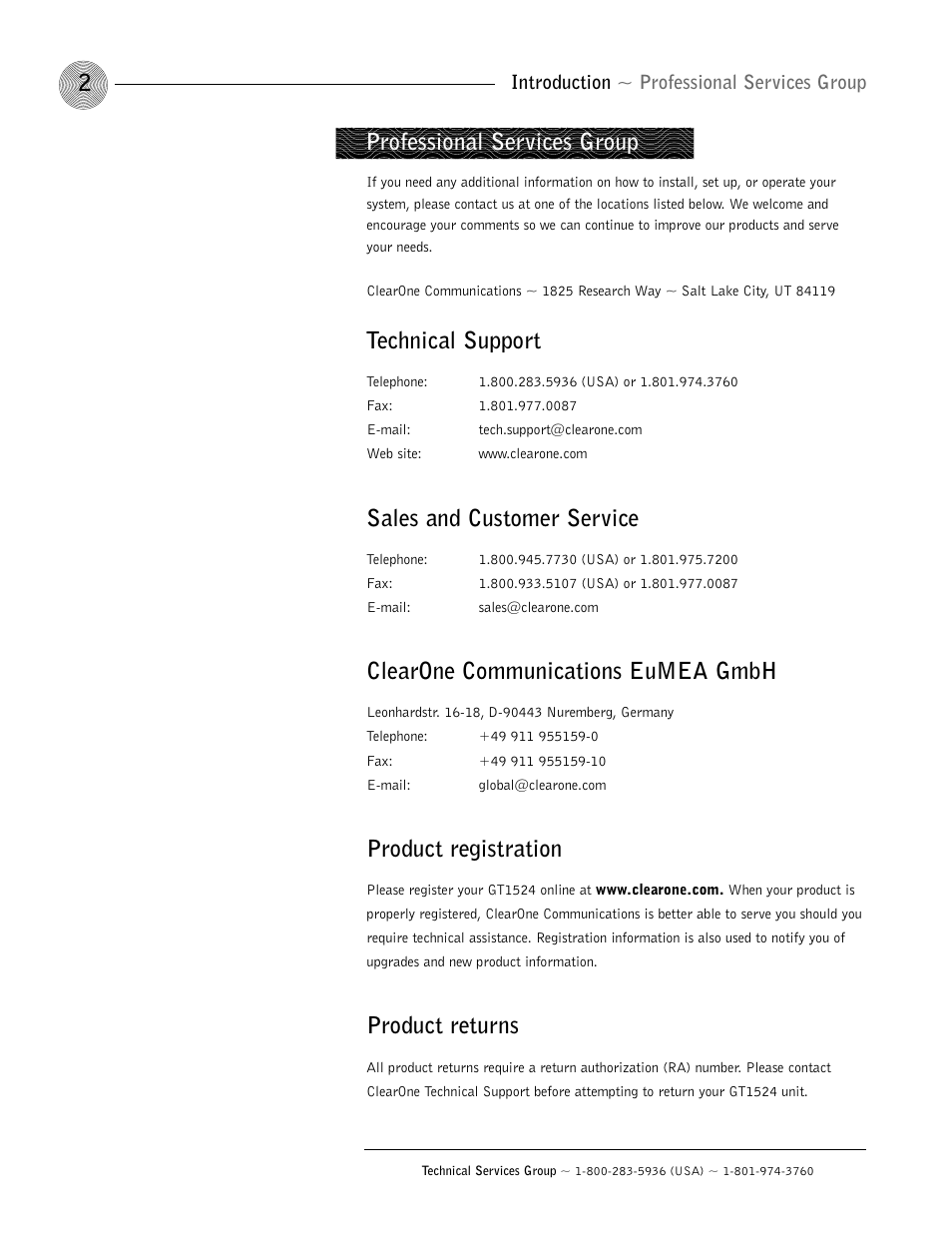 Technical support, Sales and customer service, Clearone communications eumea gmbh | Product registration, Product returns, Professional services group | ClearOne GT1524 User Manual | Page 6 / 42