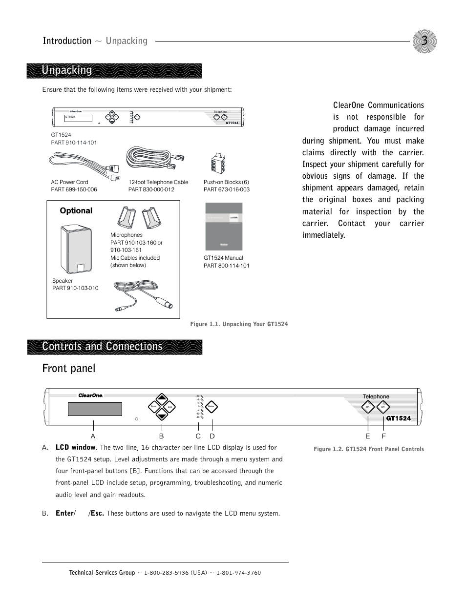 Front panel, Unpacking, Controls and connections | Introduction ~ unpacking, Optional | ClearOne GT1524 User Manual | Page 7 / 42