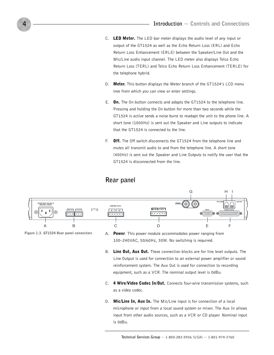 Rear panel, Introduction ~ controls and connections | ClearOne GT1524 User Manual | Page 8 / 42