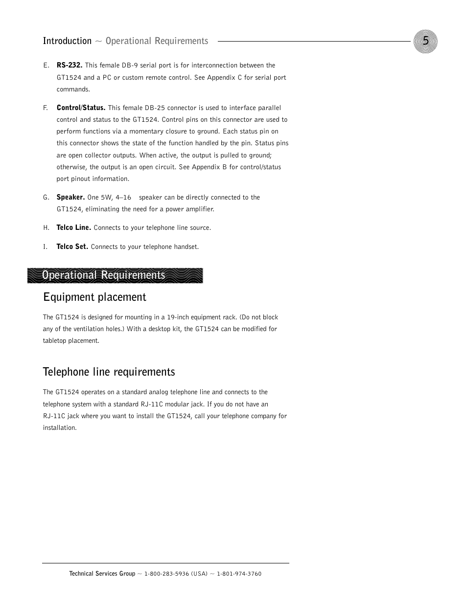 Equipment placement, Telephone line requirements, Operational requirements | Introduction ~ operational requirements | ClearOne GT1524 User Manual | Page 9 / 42