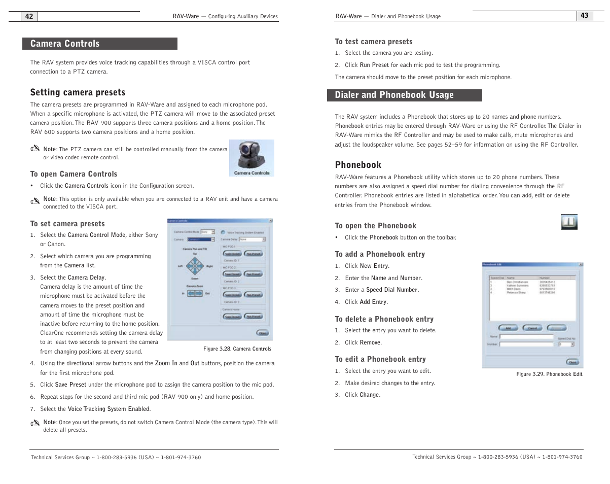 Phonebook, Dialer and phonebook usage, Setting camera presets | Camera controls | ClearOne RAV 900 User Manual | Page 24 / 63