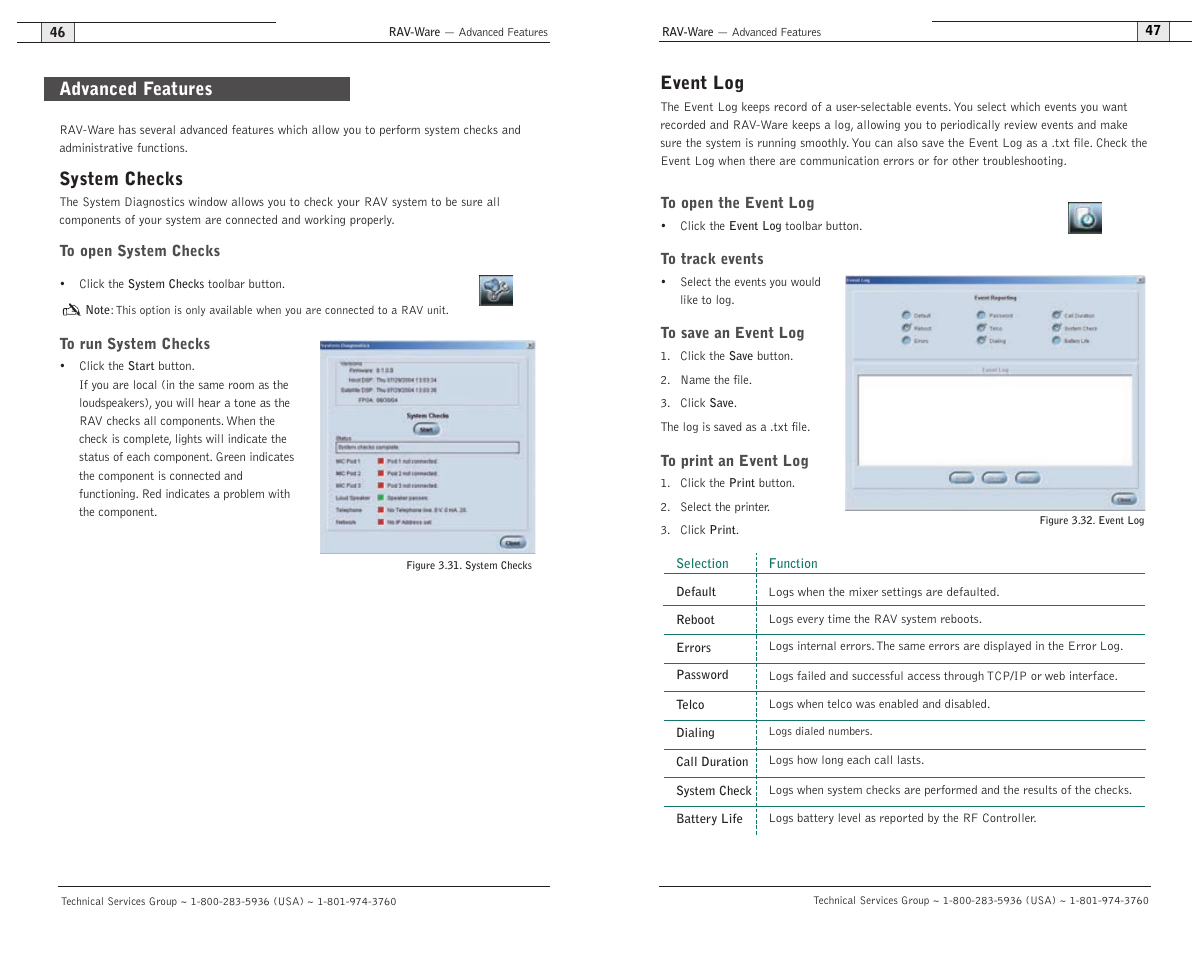 Event log, System checks, Advanced features | ClearOne RAV 900 User Manual | Page 26 / 63