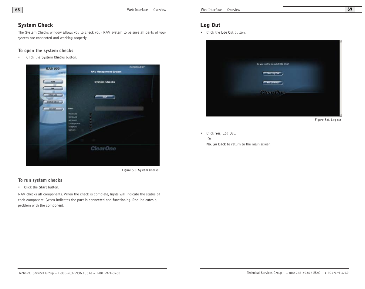 Log out, System check | ClearOne RAV 900 User Manual | Page 37 / 63
