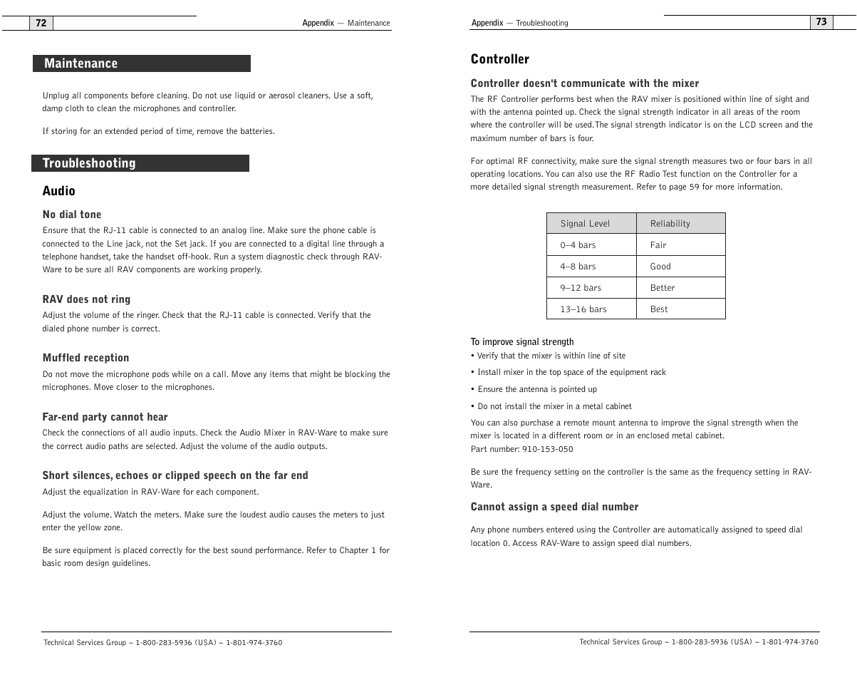 Controller, Troubleshooting, Maintenance audio | ClearOne RAV 900 User Manual | Page 39 / 63