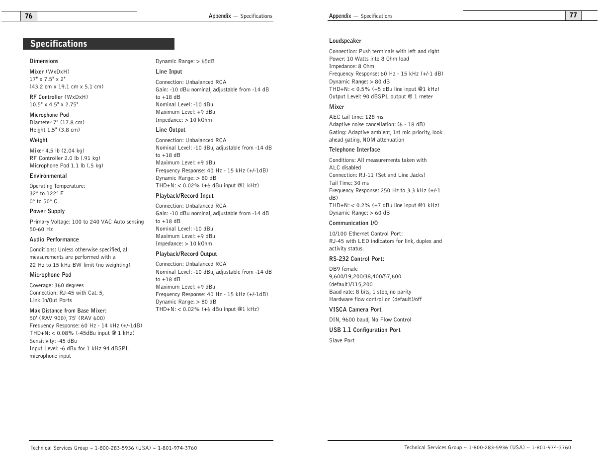 Specifications | ClearOne RAV 900 User Manual | Page 41 / 63