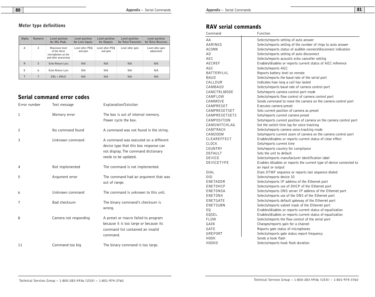 Serial command error codes, Rav serial commands | ClearOne RAV 900 User Manual | Page 43 / 63