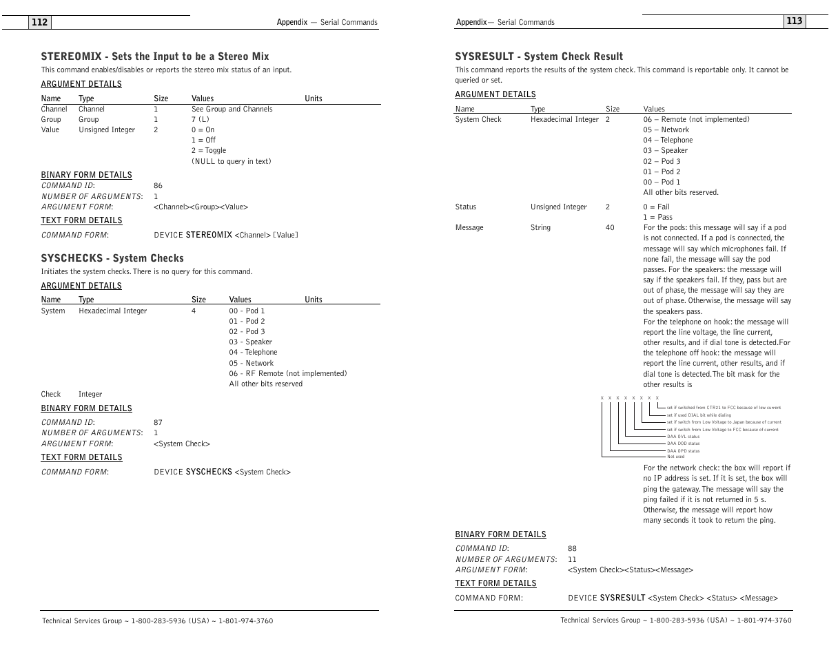 Sysresult - system check result, Stereomix - sets the input to be a stereo mix, Syschecks - system checks | ClearOne RAV 900 User Manual | Page 59 / 63