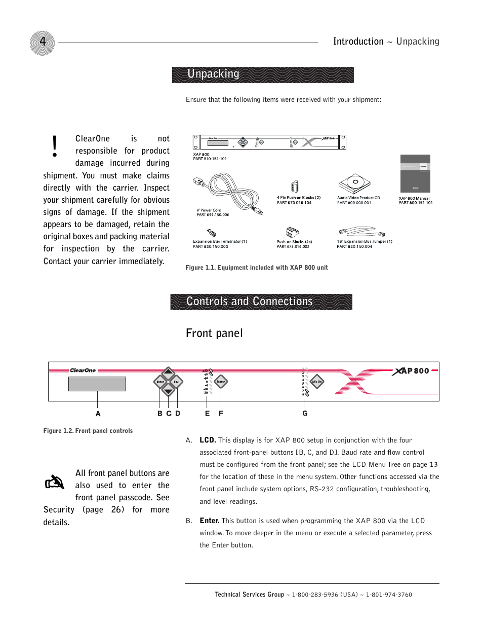 Unpacking, Front panel, Controls and connections | ClearOne XAP 800 User Manual | Page 10 / 149