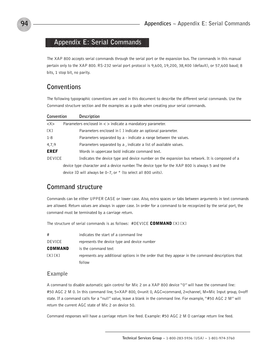 Conventions, Command structure, Appendix e: serial commands | Appendices ~ appendix e: serial commands, Example | ClearOne XAP 800 User Manual | Page 100 / 149