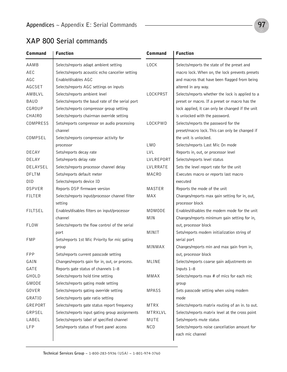 Xap 800 serial commands, Appendices ~ appendix e: serial commands | ClearOne XAP 800 User Manual | Page 103 / 149