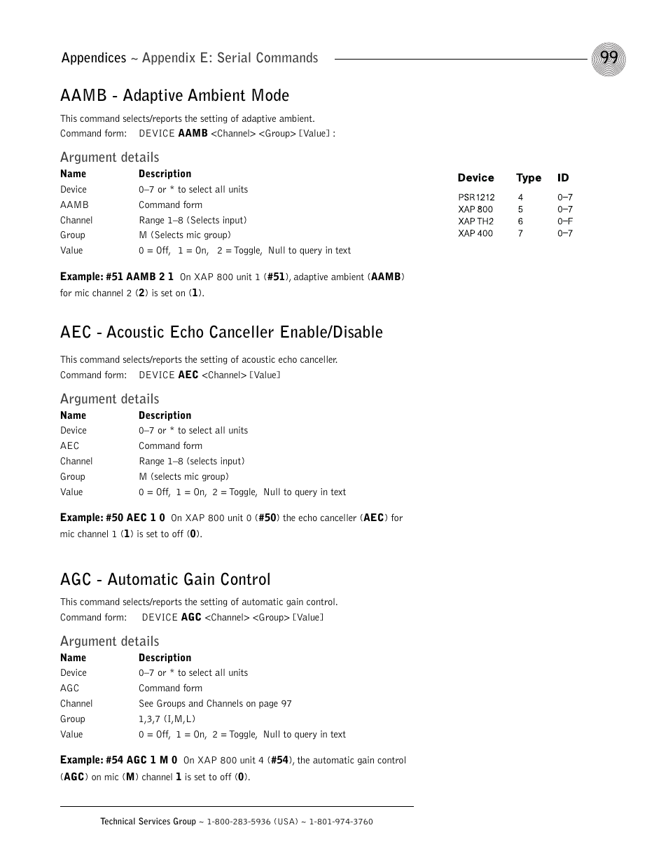 Aamb - adaptive ambient mode, Aec - acoustic echo canceller enable/disable, Agc - automatic gain control | Appendices ~ appendix e: serial commands, Argument details | ClearOne XAP 800 User Manual | Page 105 / 149