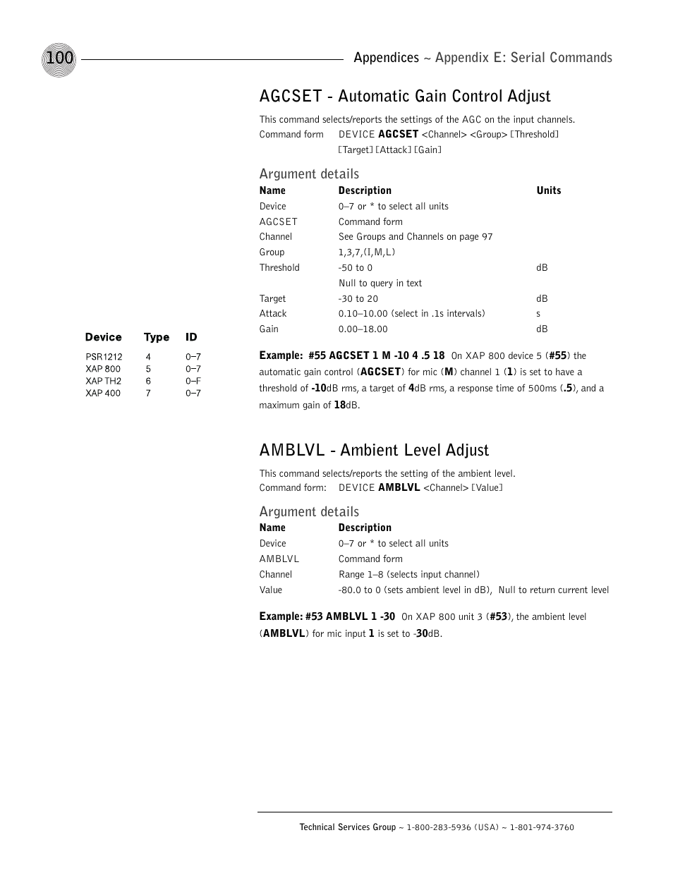 Agcset - automatic gain control adjust, Amblvl - ambient level adjust, Appendices ~ appendix e: serial commands | Argument details | ClearOne XAP 800 User Manual | Page 106 / 149