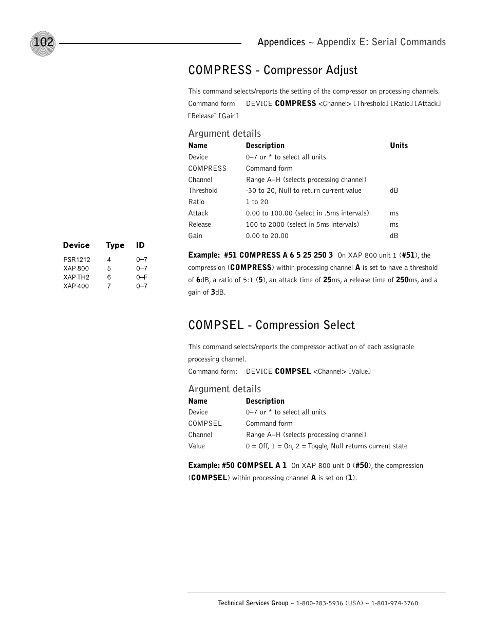 Compress - compressor adjust, Compsel - compression select, Appendices ~ appendix e: serial commands | Argument details | ClearOne XAP 800 User Manual | Page 108 / 149