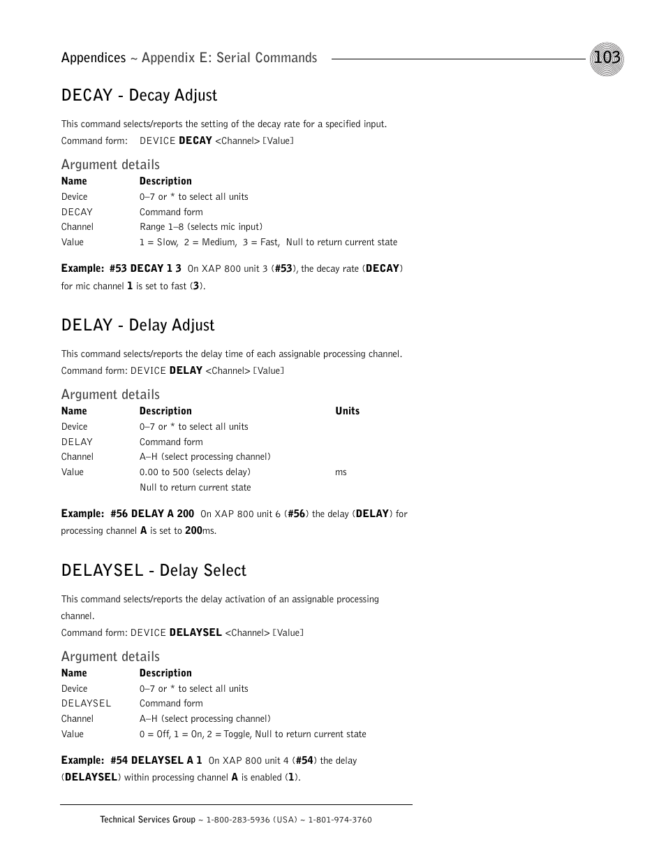 Decay - decay adjust, Delay - delay adjust, Delaysel - delay select | Argument details, Appendices ~ appendix e: serial commands | ClearOne XAP 800 User Manual | Page 109 / 149