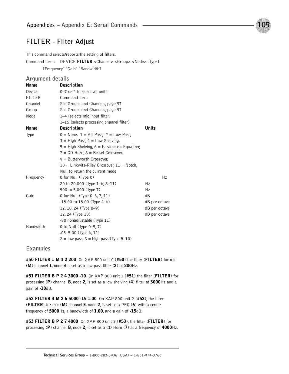 Filter - filter adjust, Appendices ~ appendix e: serial commands, Argument details | Examples | ClearOne XAP 800 User Manual | Page 111 / 149