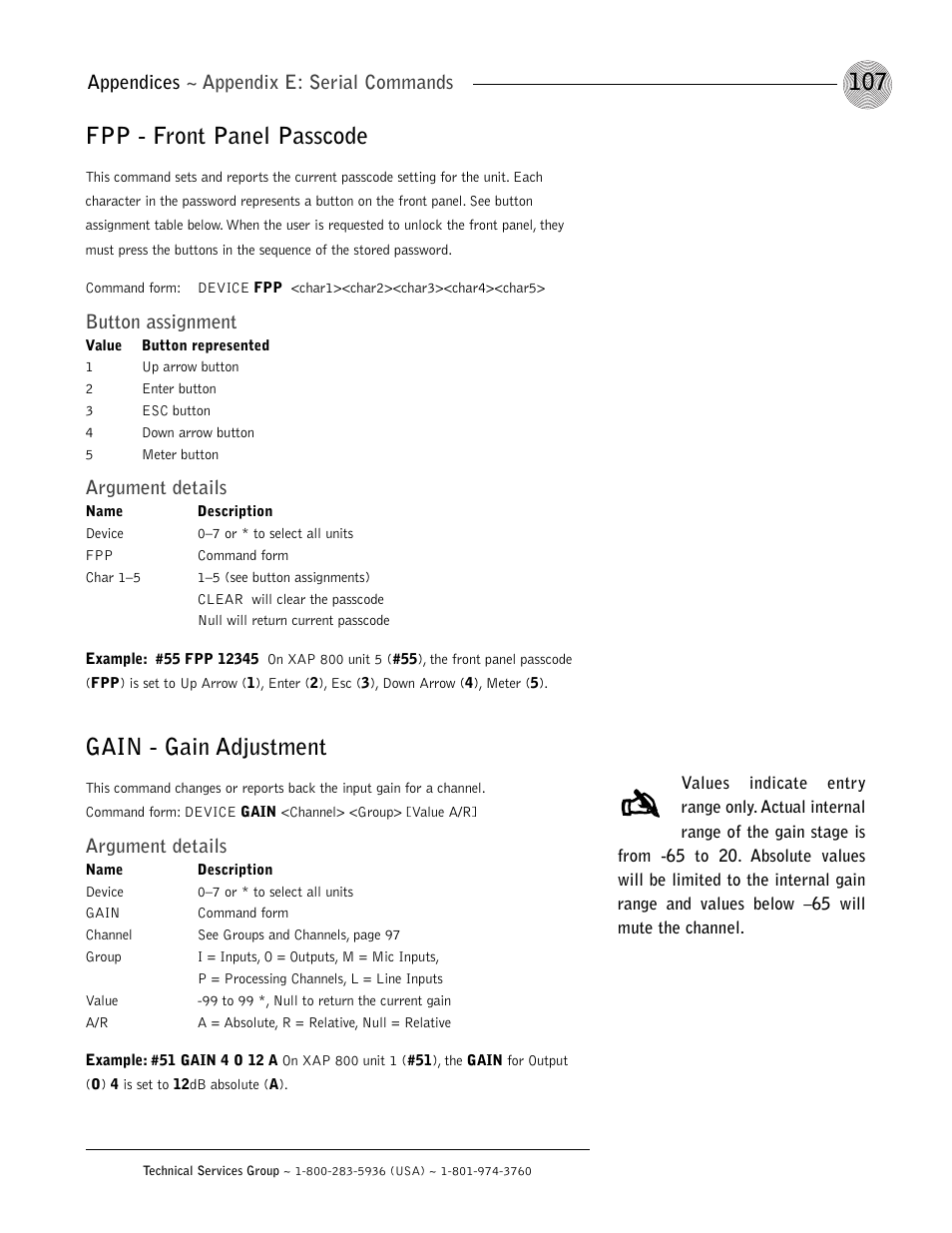 Fpp - front panel passcode, Gain - gain adjustment, Appendices ~ appendix e: serial commands | Button assignment, Argument details | ClearOne XAP 800 User Manual | Page 113 / 149