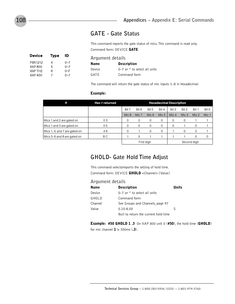 Gate - gate status, Ghold- gate hold time adjust, Appendices ~ appendix e: serial commands | Argument details | ClearOne XAP 800 User Manual | Page 114 / 149