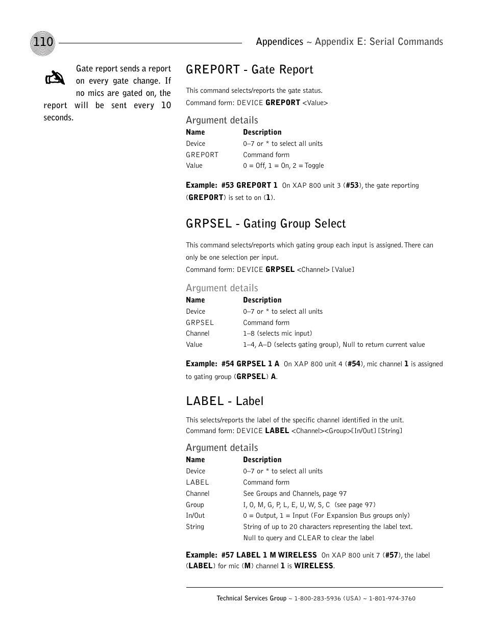 Greport - gate report, Grpsel - gating group select, Label - label | ClearOne XAP 800 User Manual | Page 116 / 149