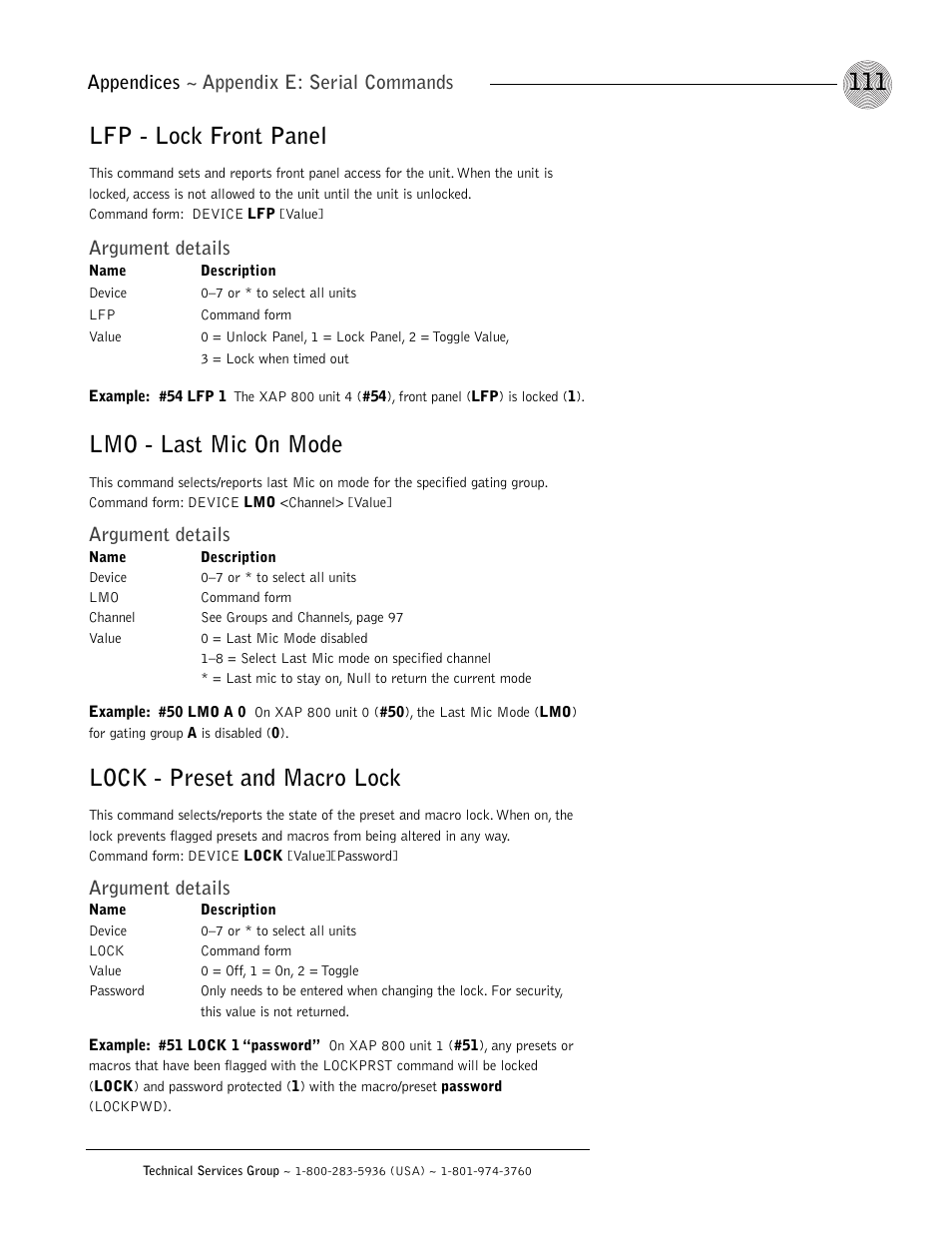 Lfp - lock front panel, Lmo - last mic on mode, Lock - preset and macro lock | Appendices ~ appendix e: serial commands, Argument details | ClearOne XAP 800 User Manual | Page 117 / 149