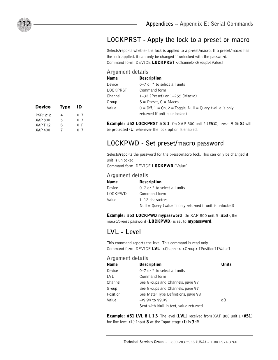 Lockprst - apply the lock to a preset or macro, Lockpwd - set preset/macro password, Lvl - level | Argument details, Appendices ~ appendix e: serial commands | ClearOne XAP 800 User Manual | Page 118 / 149