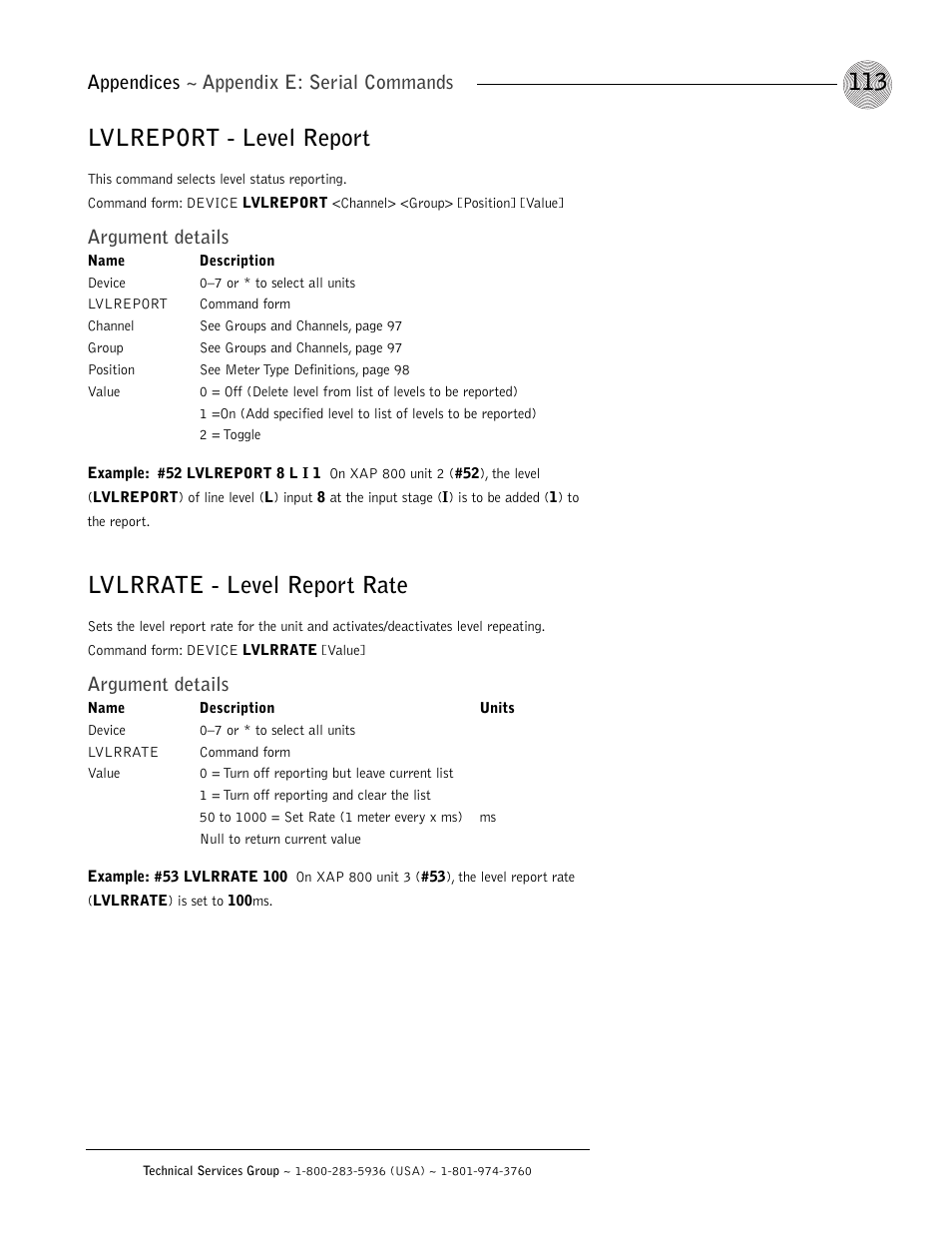 Lvlreport - level report, Lvlrrate - level report rate, Appendices ~ appendix e: serial commands | Argument details | ClearOne XAP 800 User Manual | Page 119 / 149