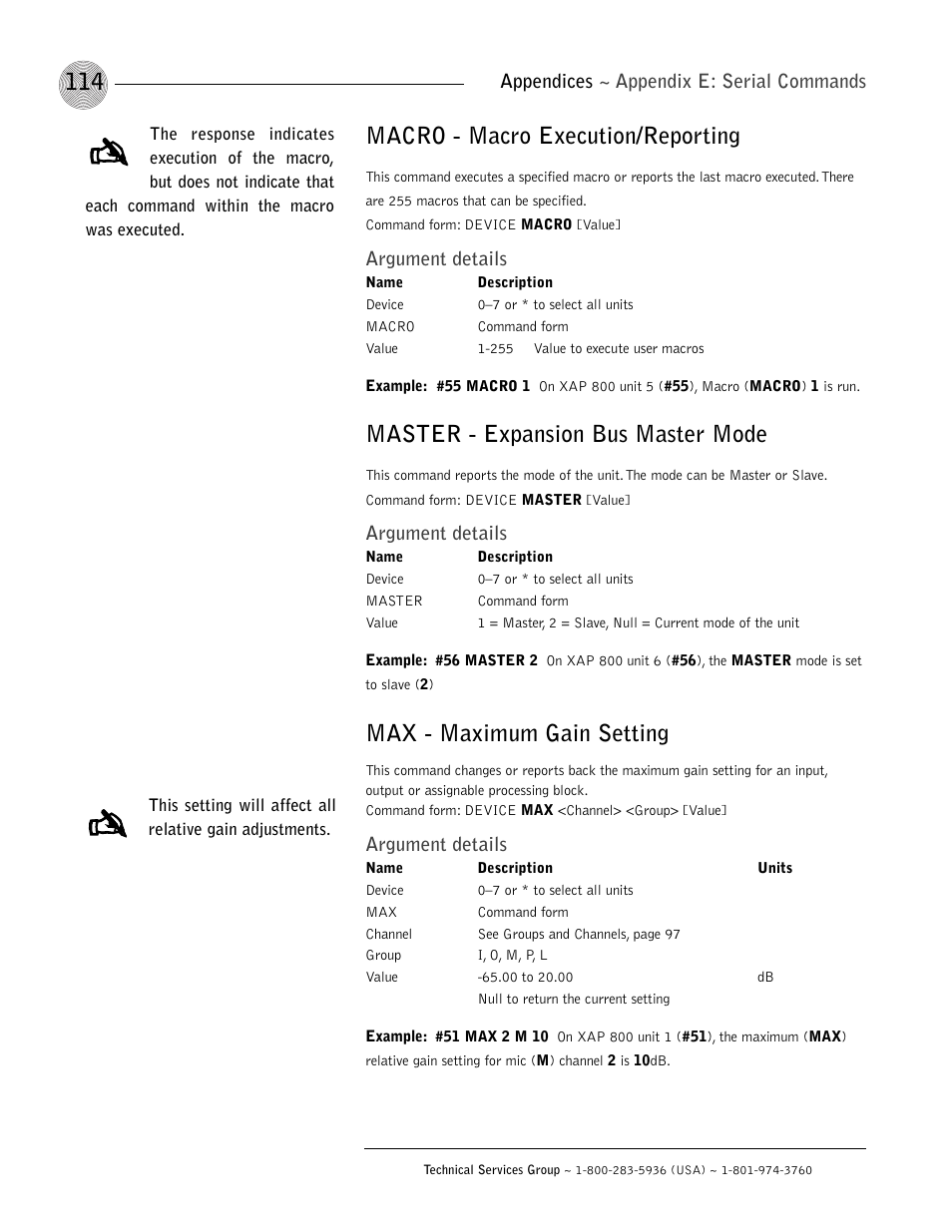 Macro - macro execution/reporting, Master - expansion bus master mode, Max - maximum gain setting | ClearOne XAP 800 User Manual | Page 120 / 149