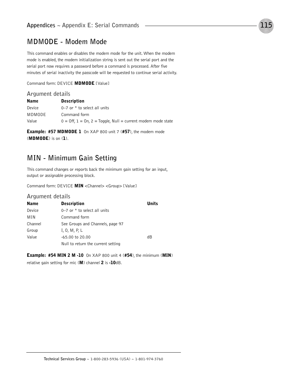 Mdmode - modem mode, Min - minimum gain setting, Appendices ~ appendix e: serial commands | Argument details | ClearOne XAP 800 User Manual | Page 121 / 149