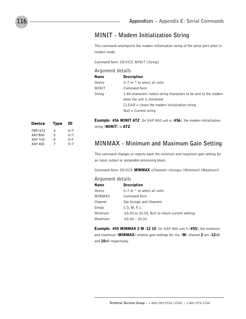 Minit - modem initialization string, Minmax - minimum and maximum gain setting, Argument details | Appendices ~ appendix e: serial commands | ClearOne XAP 800 User Manual | Page 122 / 149