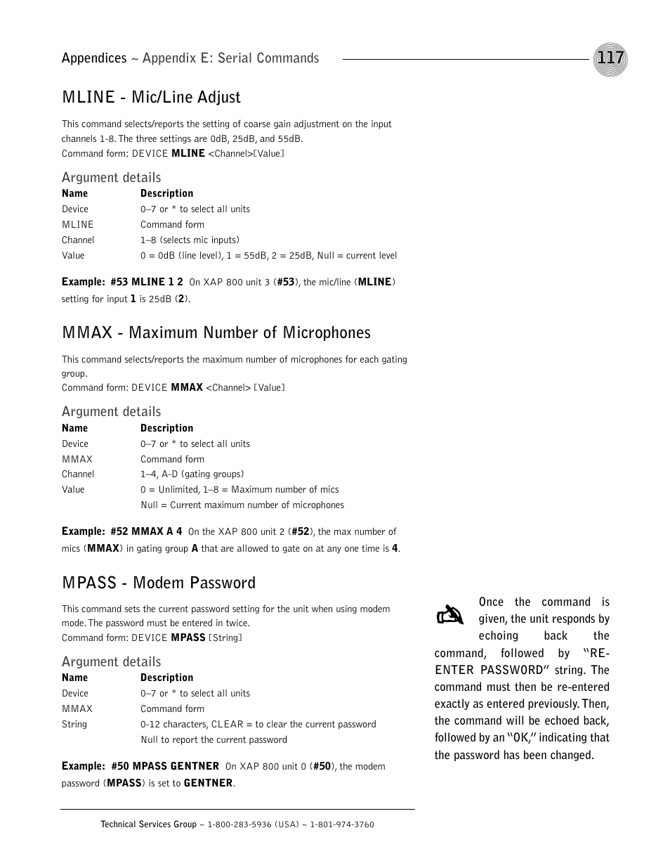 Mline - mic/line adjust, Mmax - maximum number of microphones, Mpass - modem password | ClearOne XAP 800 User Manual | Page 123 / 149