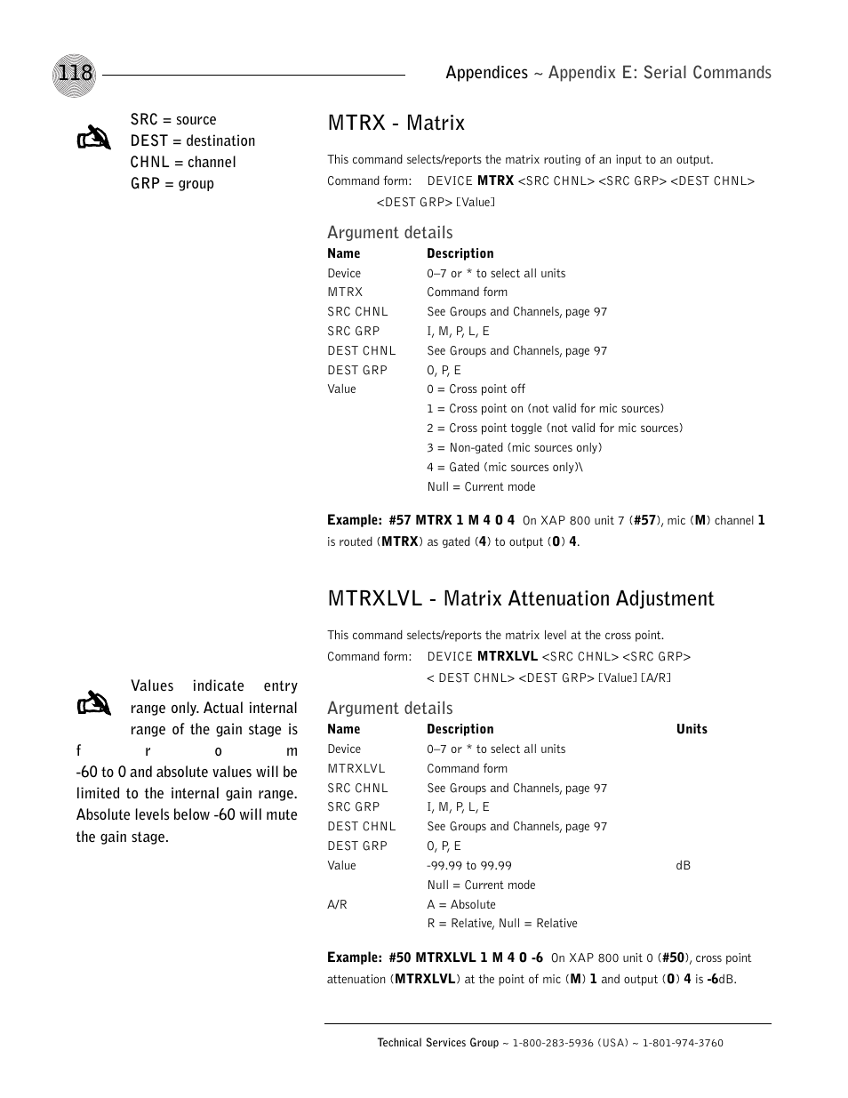 Mtrx - matrix, Mtrxlvl - matrix attenuation adjustment | ClearOne XAP 800 User Manual | Page 124 / 149