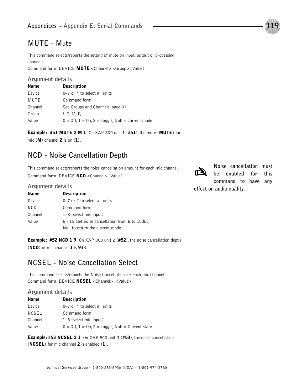 Mute - mute, Ncd - noise cancellation depth, Ncsel - noise cancellation select | ClearOne XAP 800 User Manual | Page 125 / 149